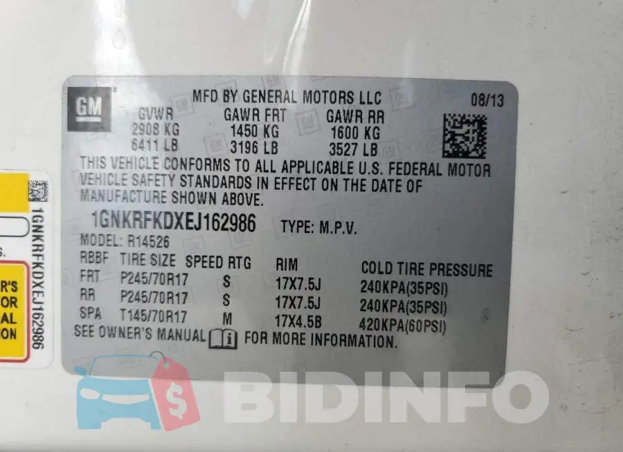 1GNKRFKDXEJ162986 Photo# 13