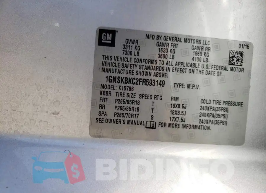 1GNSKBKC2FR593149 Photo# 14
