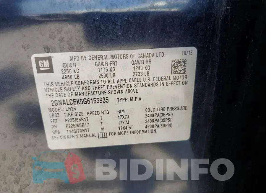 2GNALCEK5G6155935 Photo# 13