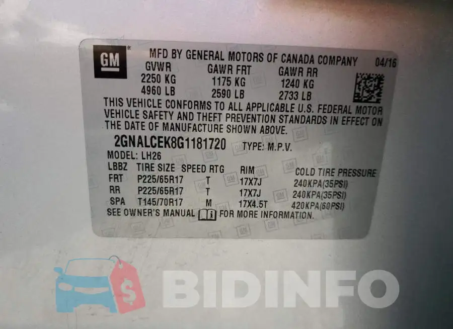 2GNALCEK8G1181720 Photo# 14