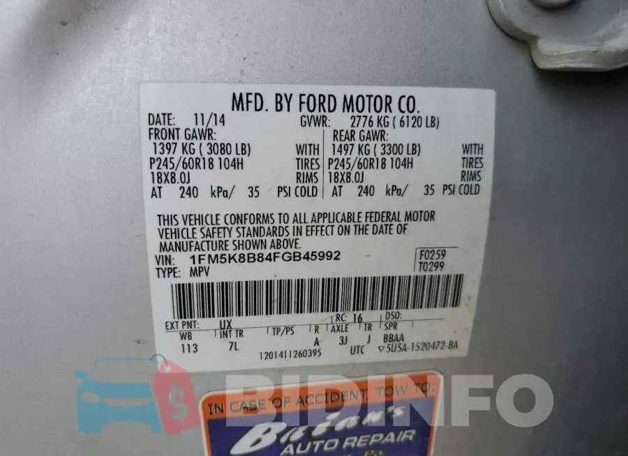 1FM5K8B84FGB45992 Photo# 13