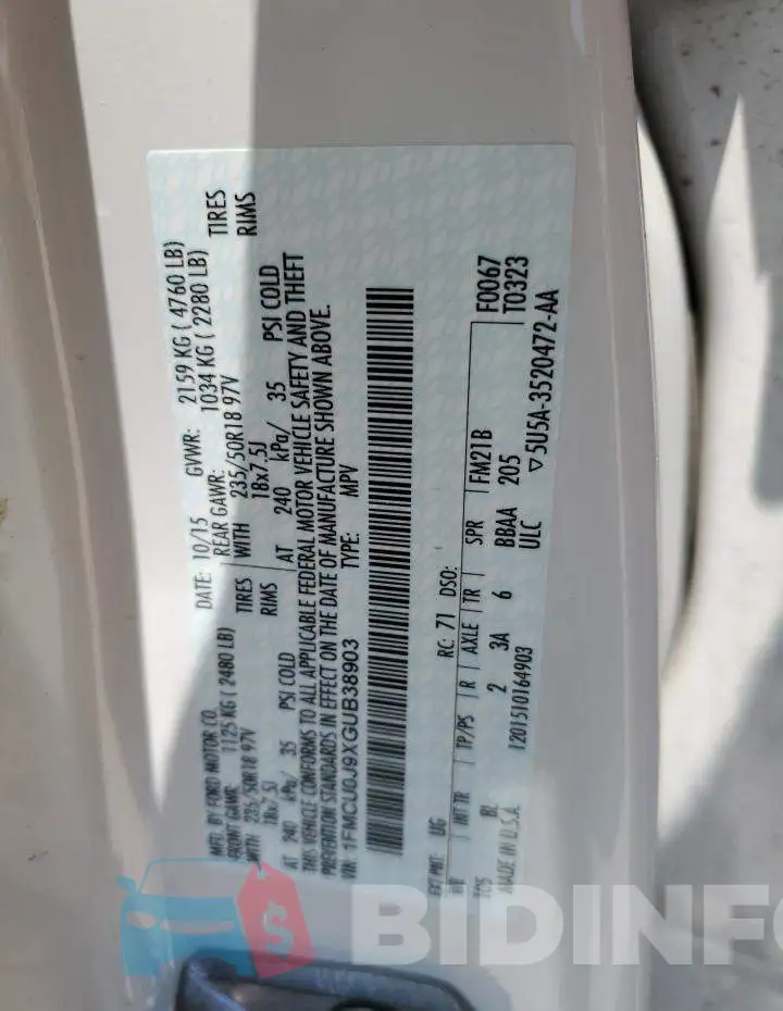 1FMCU0J9XGUB38903 Photo# 13