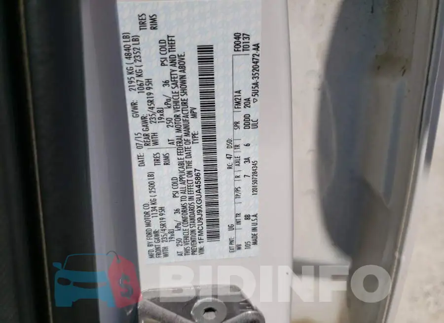 1FMCU9J9XGUA45867 Photo# 13