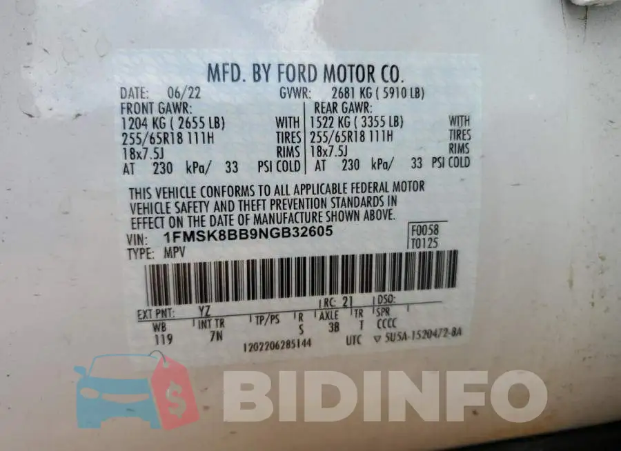 1FMSK8BB9NGB32605 Photo# 13