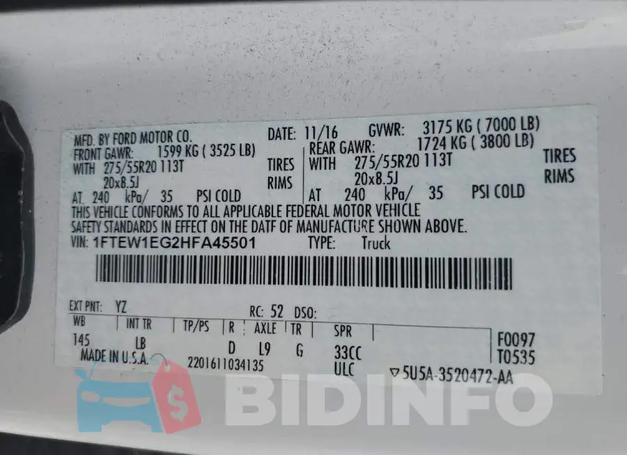 1FTEW1EG2HFA45501 Photo# 12