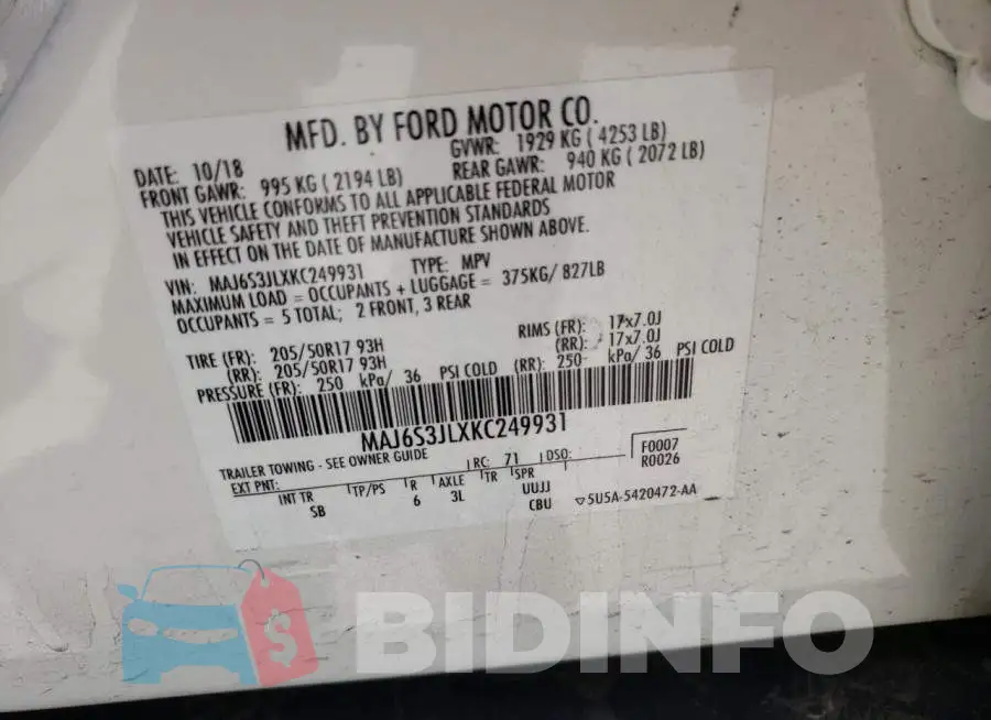 MAJ6S3JLXKC249931 Photo# 13