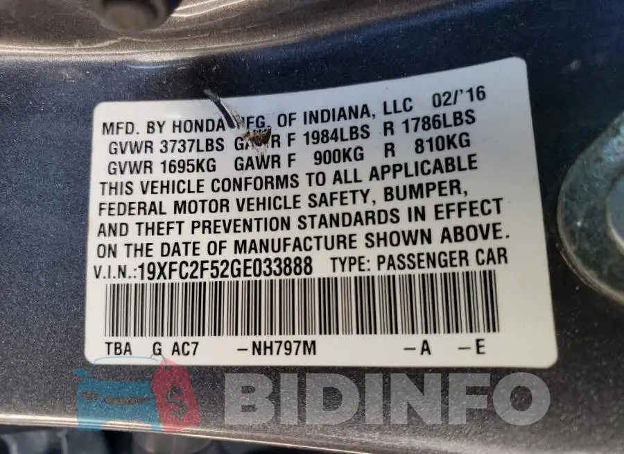 19XFC2F52GE033888 Photo# 12