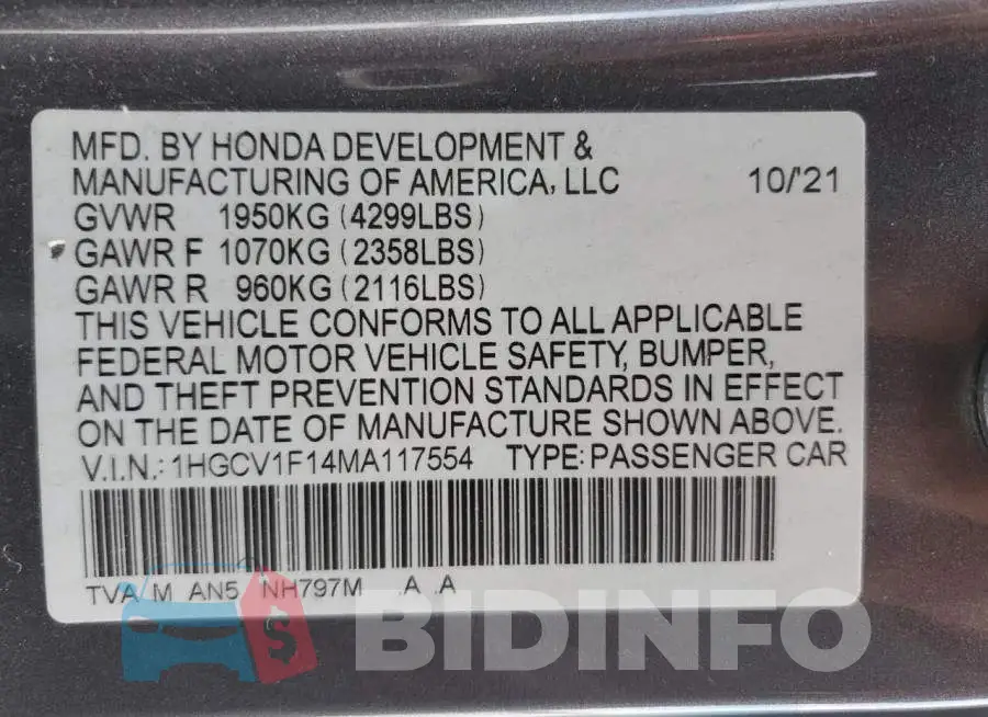 1HGCV1F14MA117554 Photo# 12