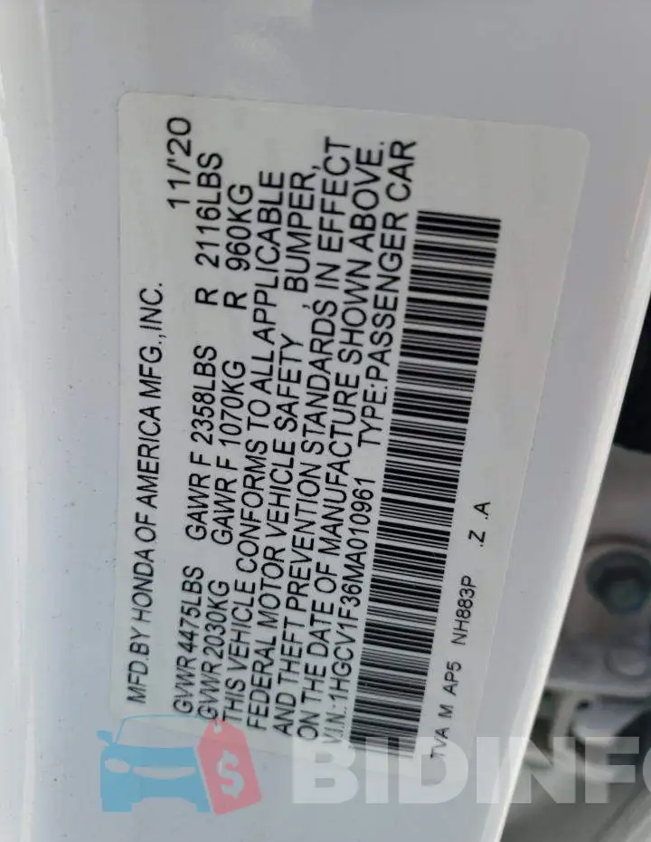 1HGCV1F36MA010961 Photo# 12