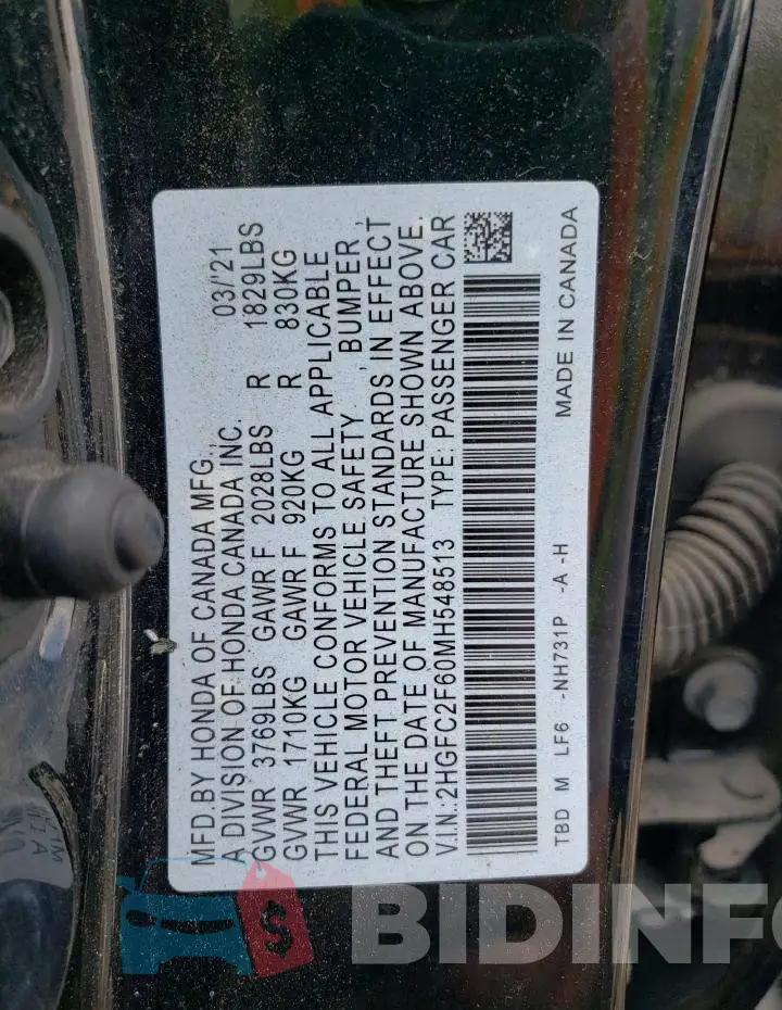 2HGFC2F60MH548513 Photo# 13
