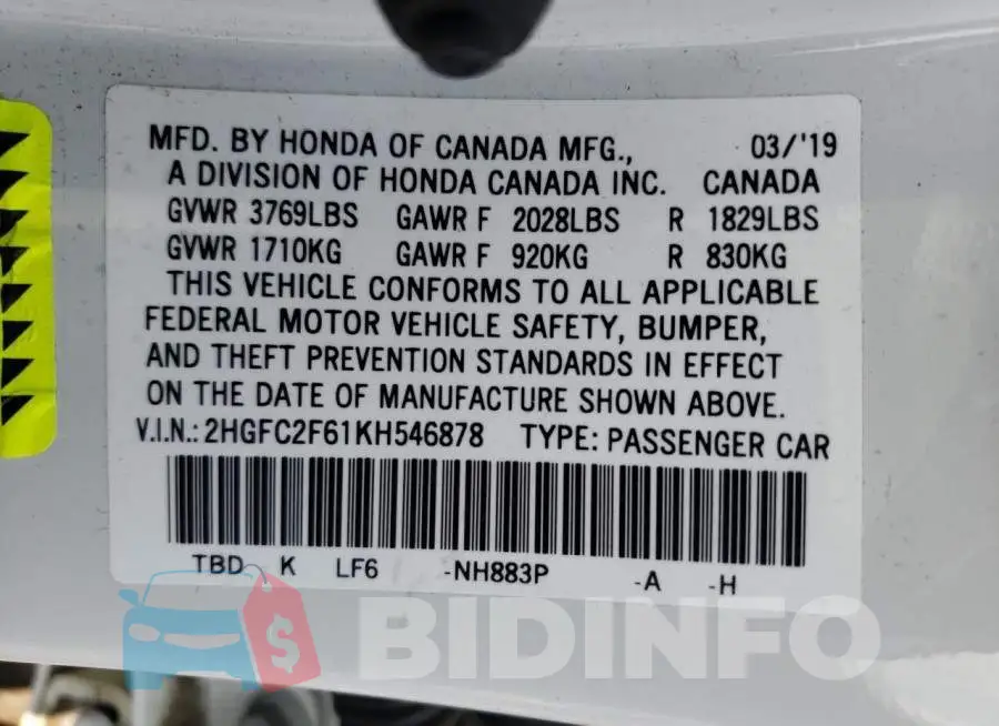 2HGFC2F61KH546878 Photo# 12
