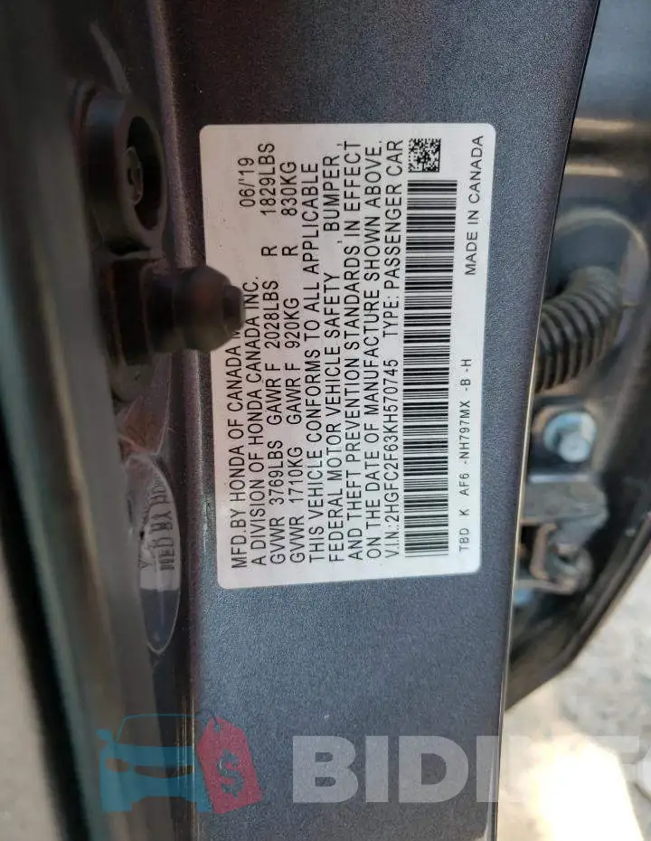 2HGFC2F63KH570745 Photo# 12