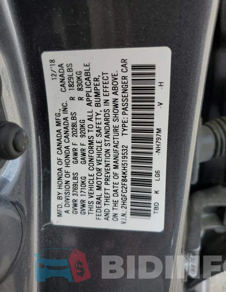 2HGFC2F84KH519532 Photo# 12
