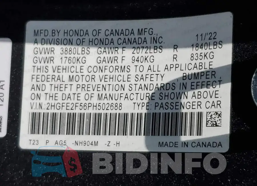 2HGFE2F56PH502688 Photo# 12
