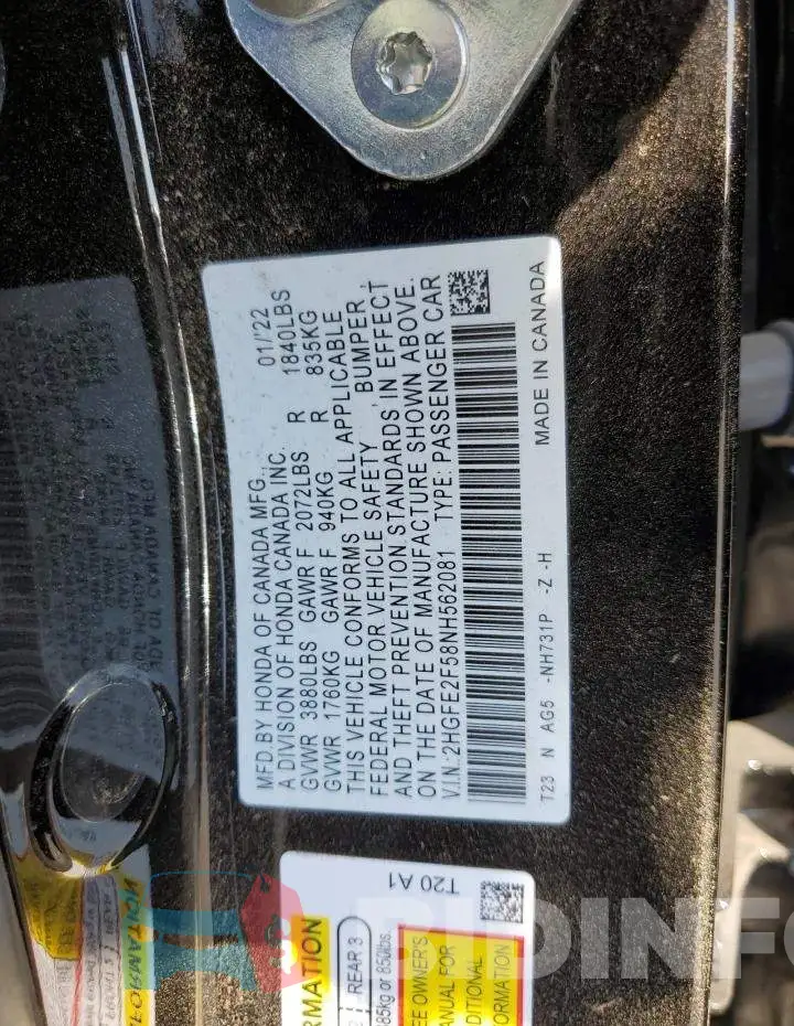 2HGFE2F58NH562081 Photo# 12