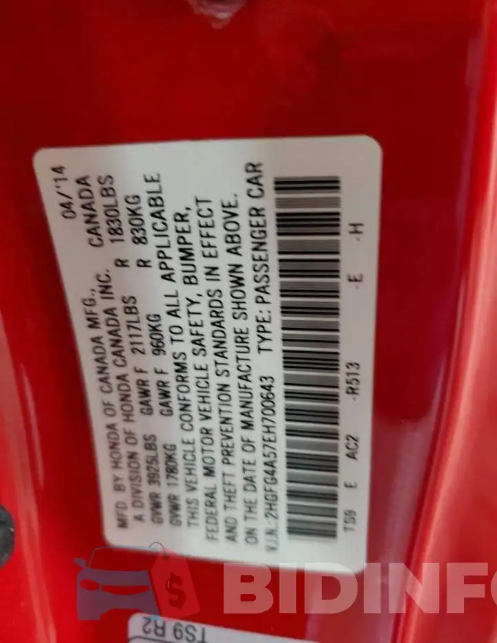 2HGFG4A57EH700643 Photo# 12