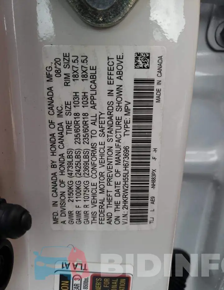 2HKRW2H55LH673696 Photo# 14