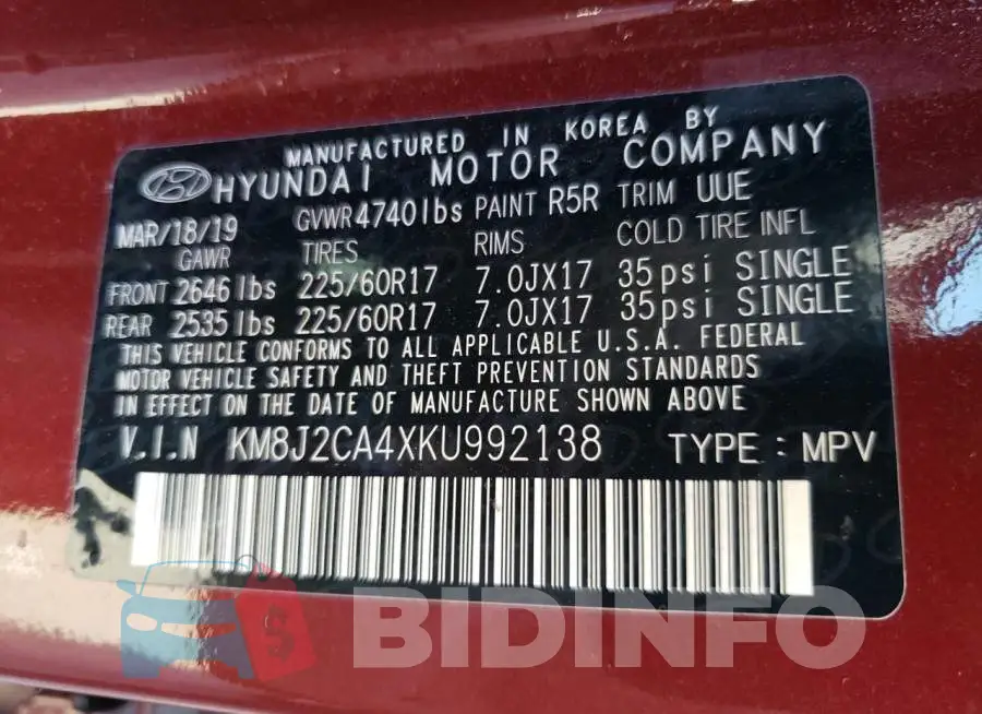 KM8J2CA4XKU992138 Photo# 12