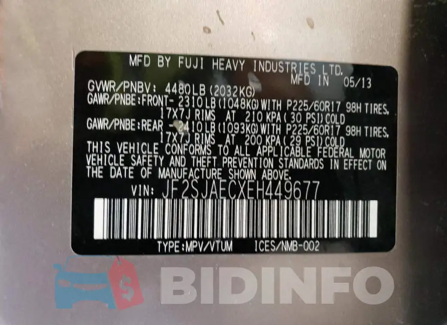 JF2SJAECXEH449677 Photo# 12