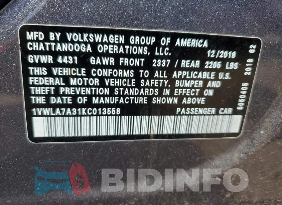 1VWLA7A31KC013558 Photo# 12
