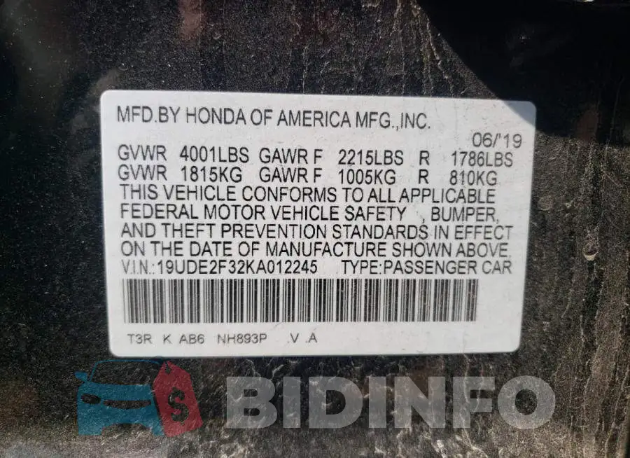 19UDE2F32KA012245 Photo# 13