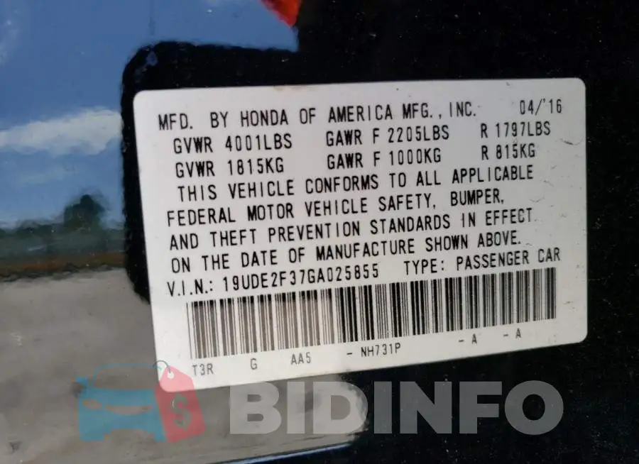 19UDE2F37GA025855 Photo# 12
