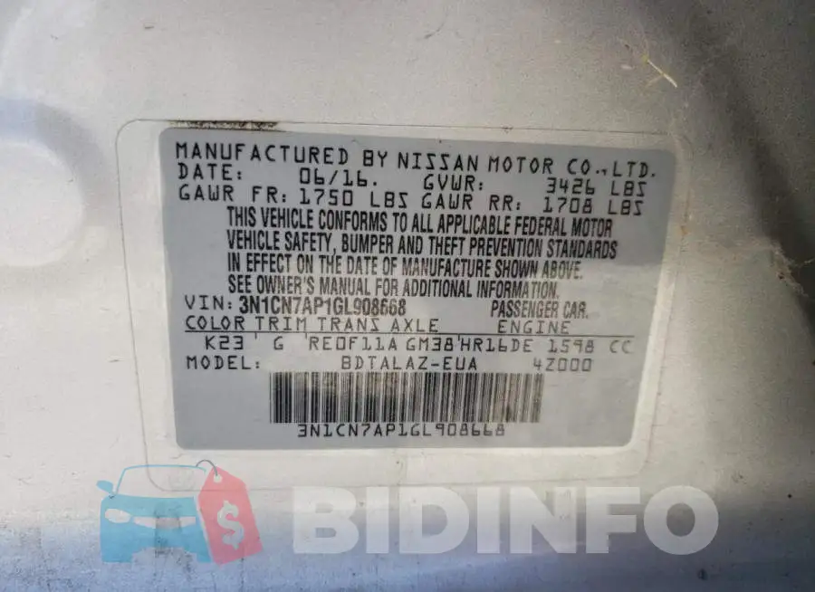3N1CN7AP1GL908668 Photo# 13