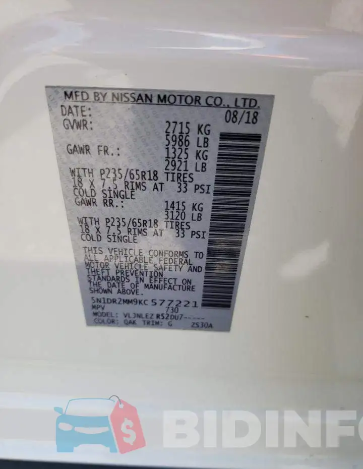 5N1DR2MM9KC577221 Photo# 13
