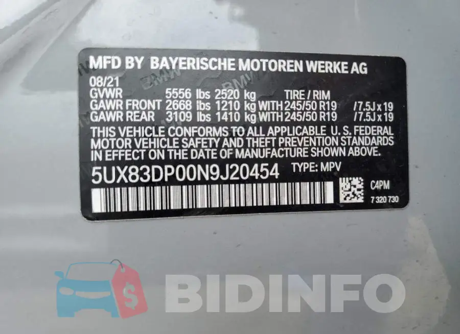 5UX83DP00N9J20454 Photo# 13