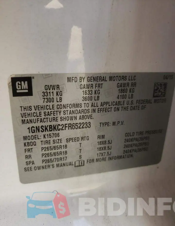 1GNSKBKC2FR652233 Photo# 14