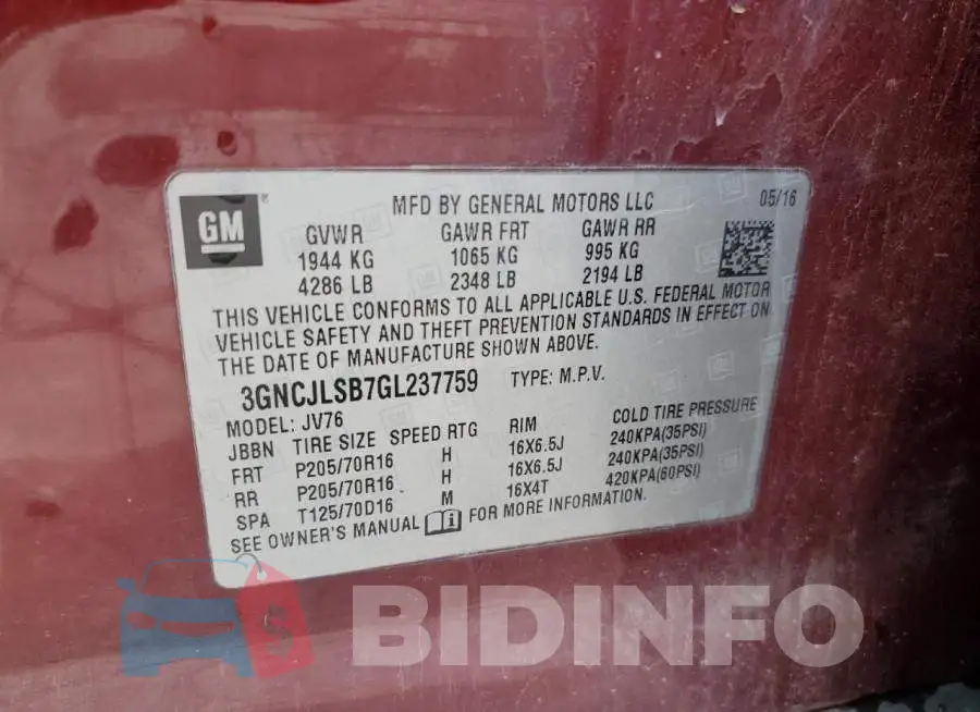 3GNCJLSB7GL237759 Photo# 13