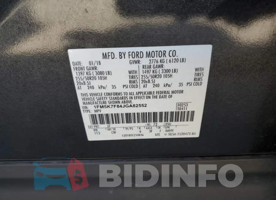 1FM5K7F84JGA82552 Photo# 13