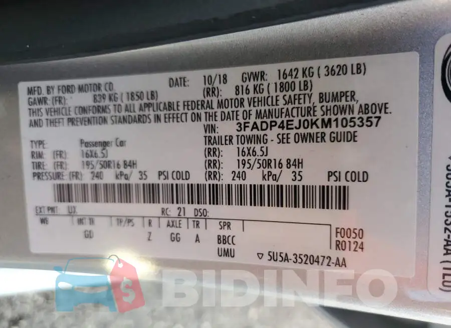 3FADP4EJ0KM105357 Photo# 13