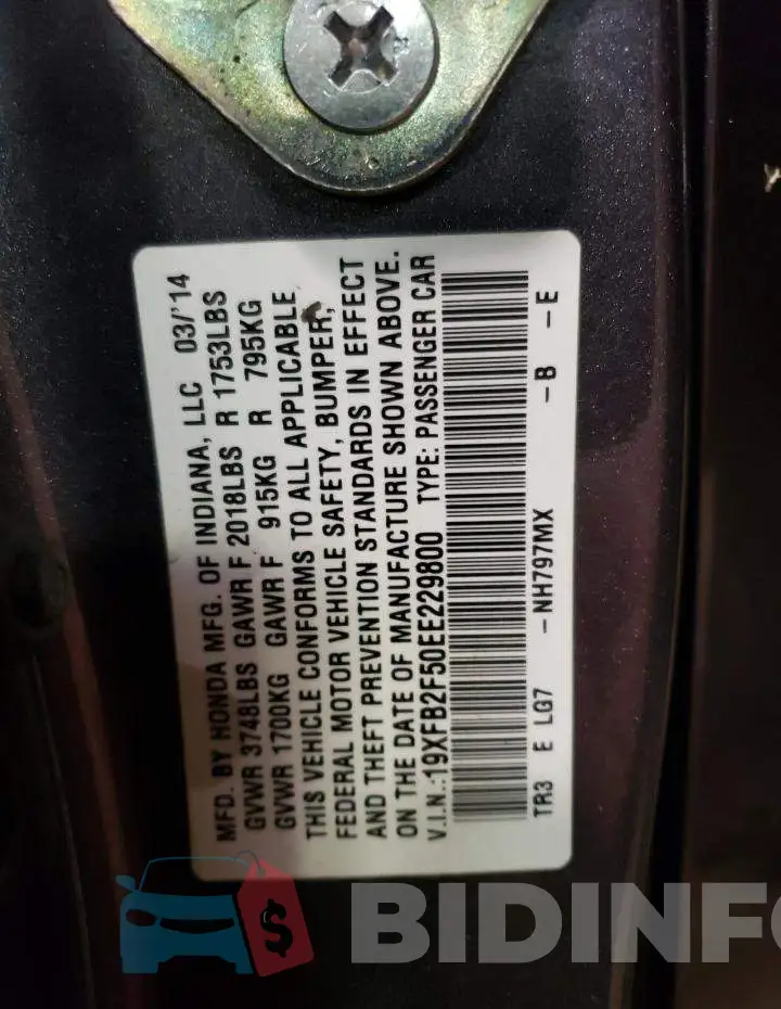 19XFB2F50EE229800 Photo# 13
