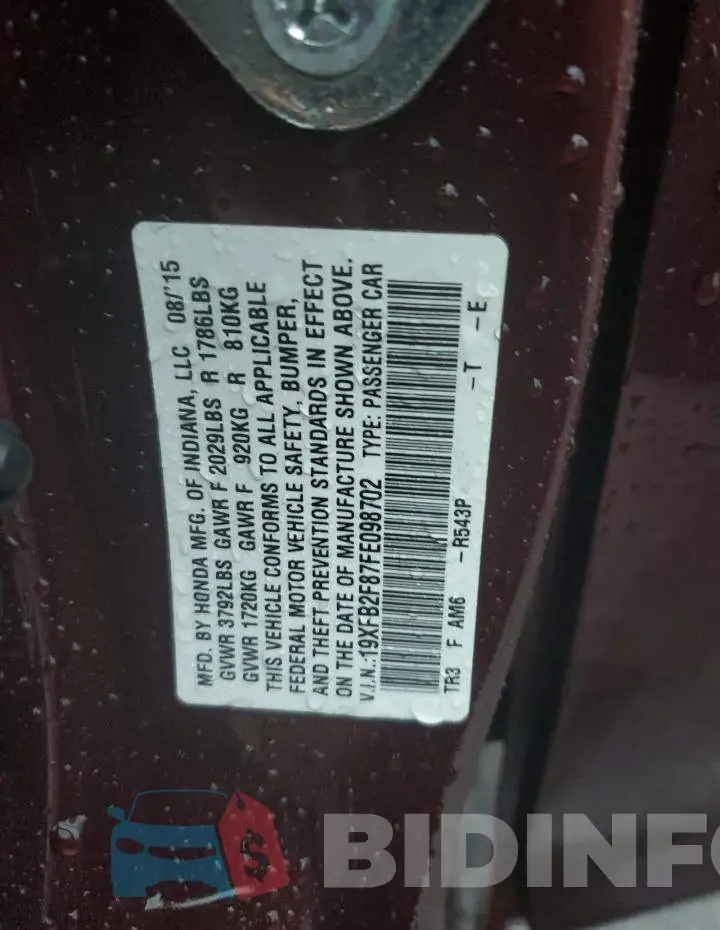 19XFB2F87FE098702 Photo# 12
