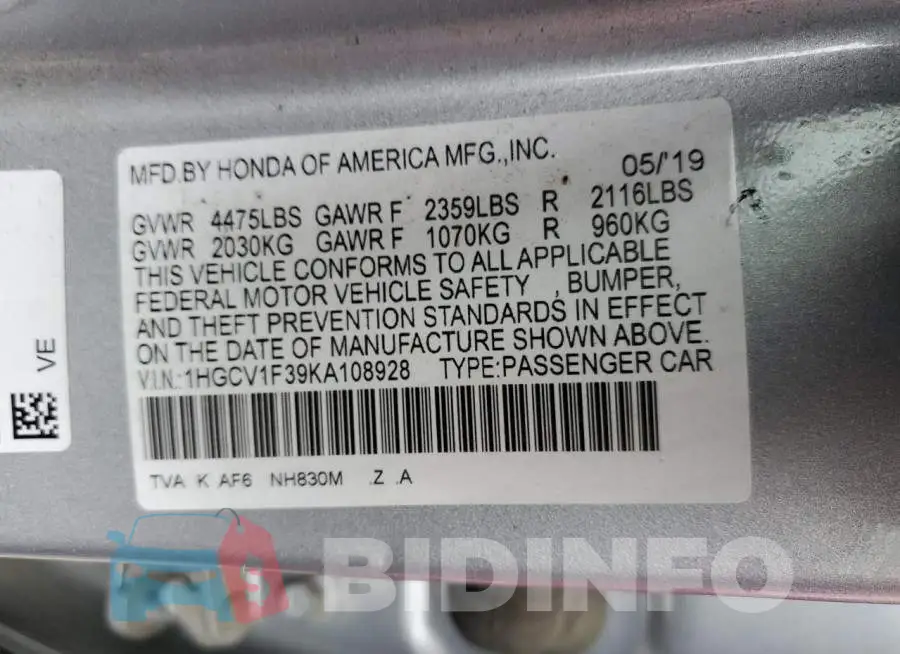 1HGCV1F39KA108928 Photo# 12