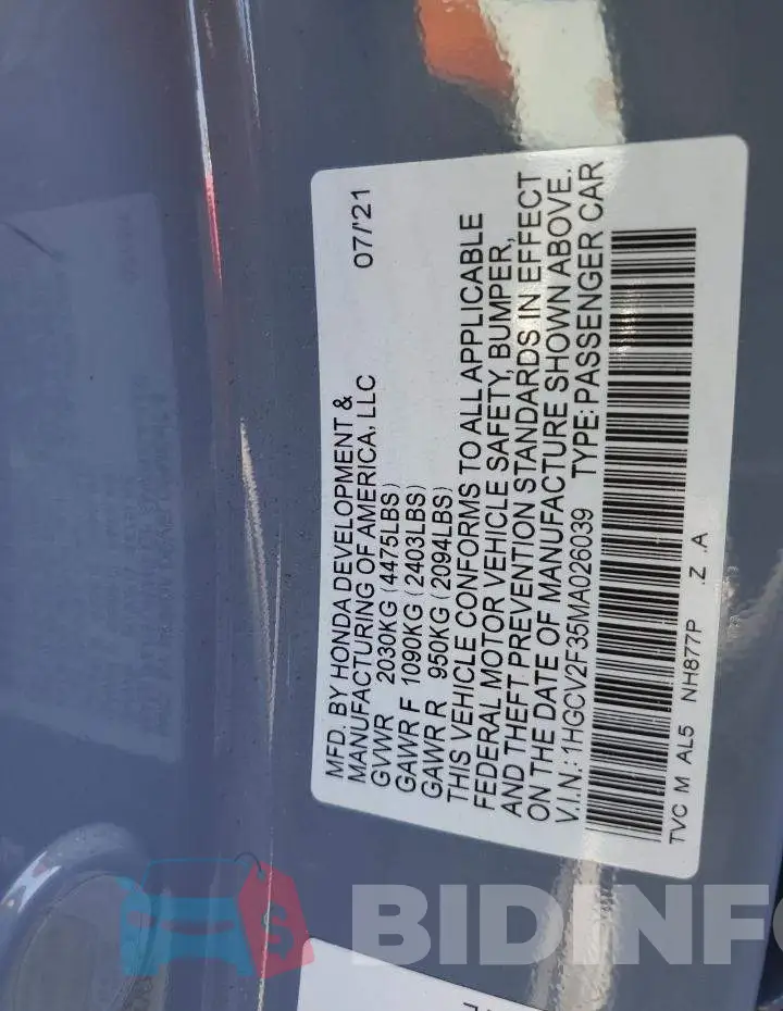 1HGCV2F35MA026039 Photo# 12