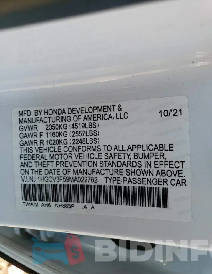1HGCV3F59MA022762 Photo# 12