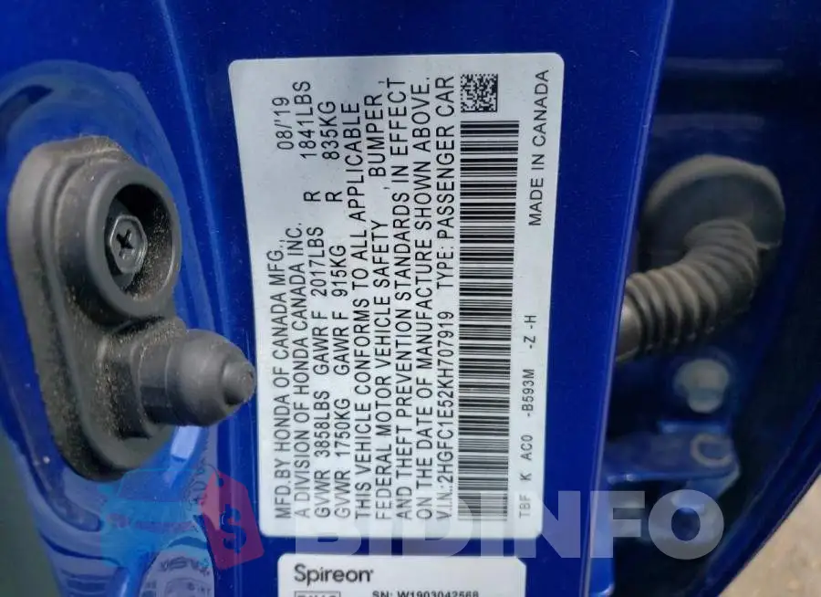2HGFC1E52KH707919 Photo# 12