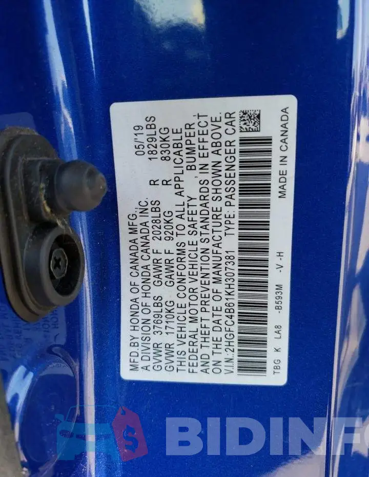 2HGFC4B61KH307381 Photo# 12