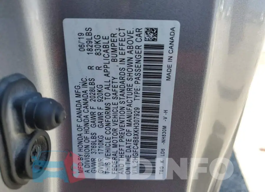 2HGFC4B8XKH307929 Photo# 12