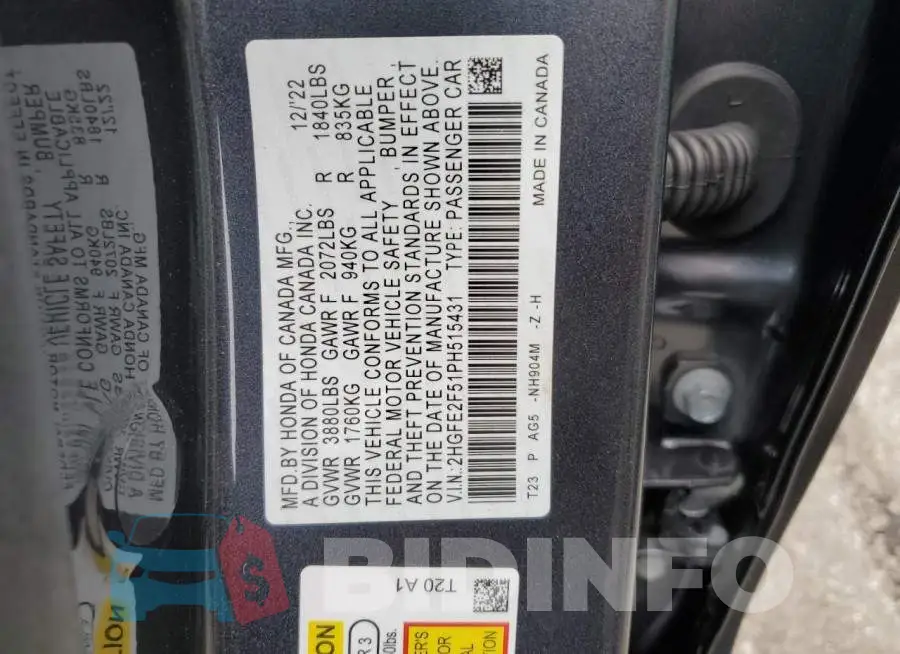 2HGFE2F51PH515431 Photo# 12