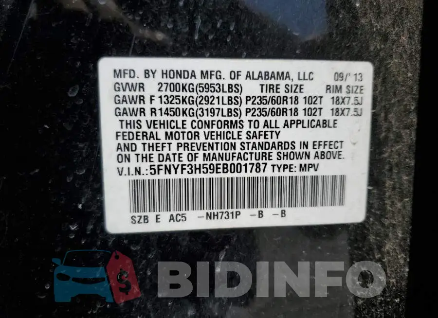 5FNYF3H59EB001787 Photo# 12