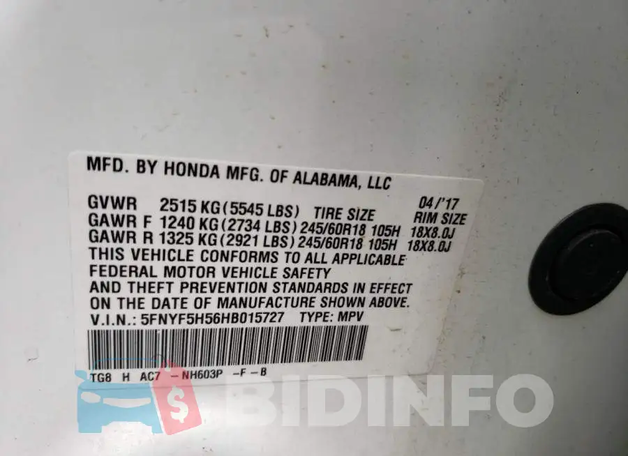 5FNYF5H56HB015727 Photo# 14
