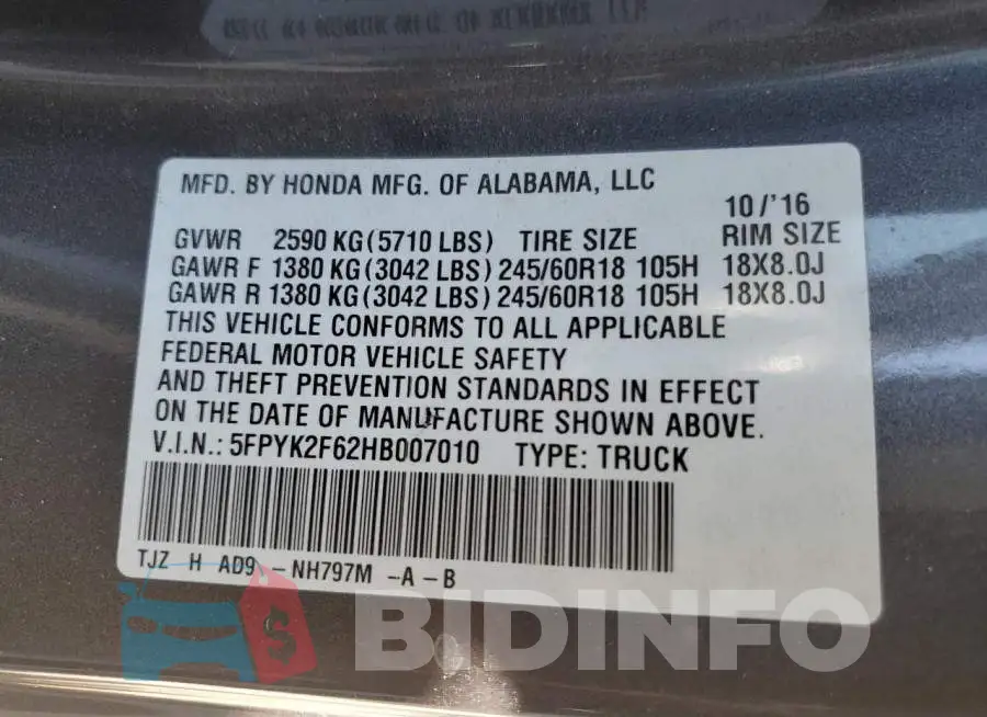 5FPYK2F62HB007010 Photo# 13