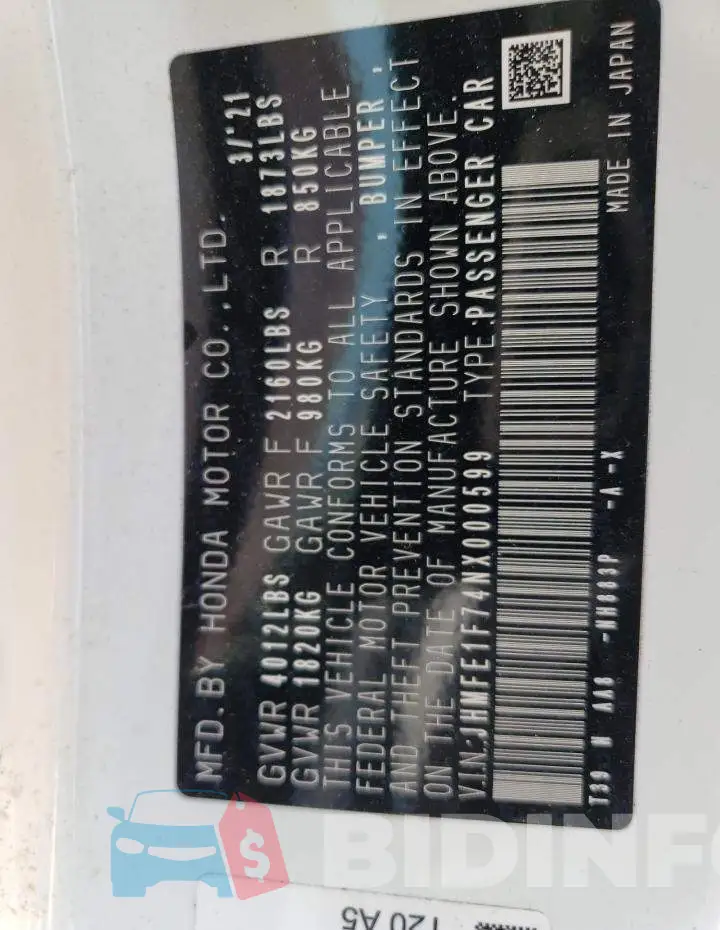 JHMFE1F74NX000599 Photo# 13