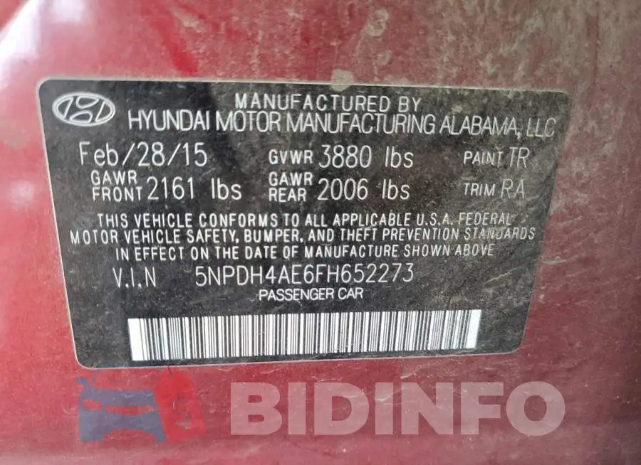 5NPDH4AE6FH652273 Photo# 12
