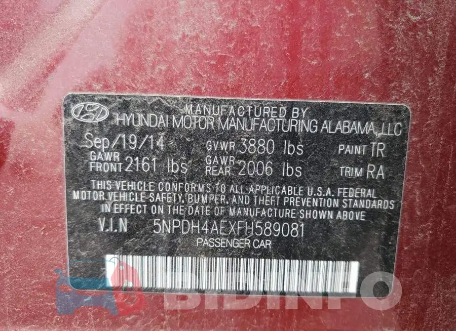 5NPDH4AEXFH589081 Photo# 12