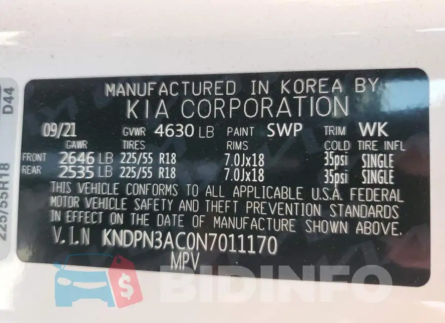KNDPN3AC0N7011170 Photo# 13