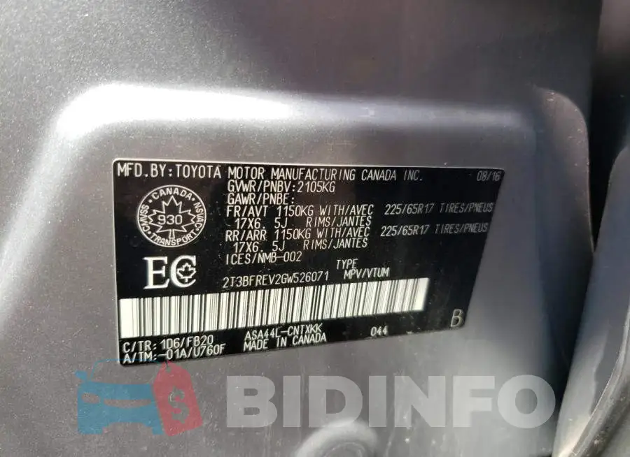 2T3BFREV2GW526071 Photo# 14